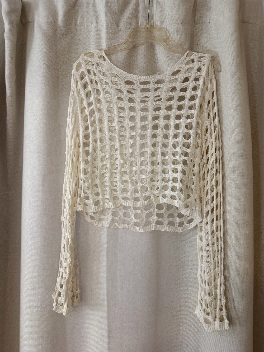 SHEIN Cream Open-Knit Long Sleeve Crop Top
